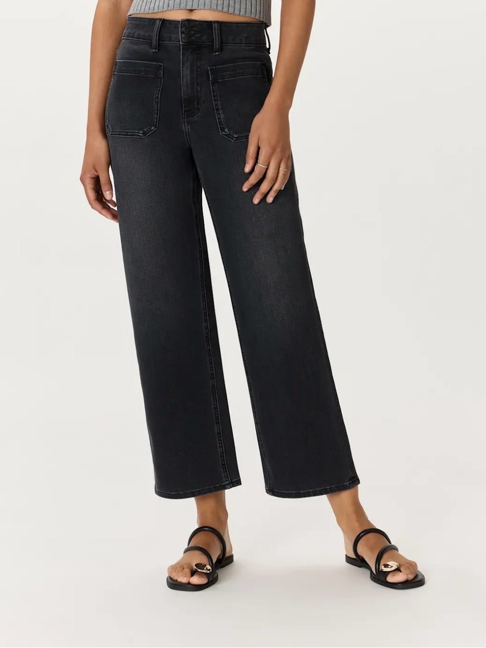 Quince Bella Stretch Patch Pocket Wide Leg Jeans Faded Black Size 30 NWOT